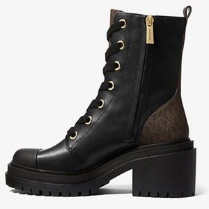 . Michael Kors Black Hanley Leather & Signature Logo Trim Combat Boots